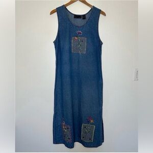 Vintage Denim Maxi Jumper Dress Small Floral Embroidered